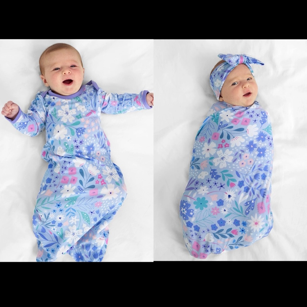 Little Sleepies Magical Meadows newborn gown and swaddle